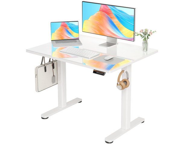 Glass Standing Desk 40x24 Inch White Smooth Height Adjustment, Tempered Glass Top, 3 Memory Presets, Stand Up, 132 lbs Capacity, Quick Install
