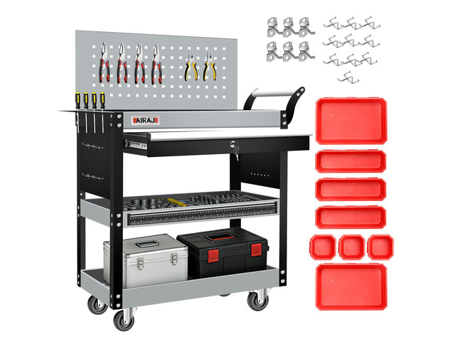 3-Tier Rolling Tool Cart on 360°Wheels,440LBS Utility Cart with Drawer Metal Rolling Cart with Locking System & Pegboard,Tool Cart with Trays & Hooks...