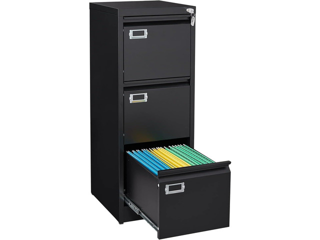 Black 3 Drawer File Cabinet,Metal Filing Cabinets with Lock,Office File Storage Cabinet for A4/Letter/Legal Size File(Assembly Required)