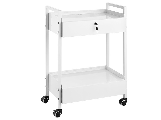 Rolling Medical Cart with Lockable Drawer, White Paint Stainless Steel Utility Cart, 2 Tiers Mobile Esthetician Trolley Cart with Swivel Casters...