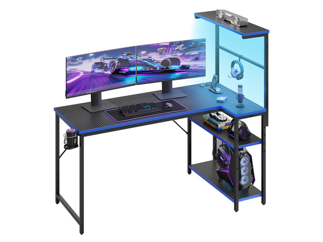 51' L-Shaped Gaming Desk with Power Outlets LED Lights, Black & Blue Reversible Design, LED Lights, 4-Tier Storage Shelves, Headphone Hook,...