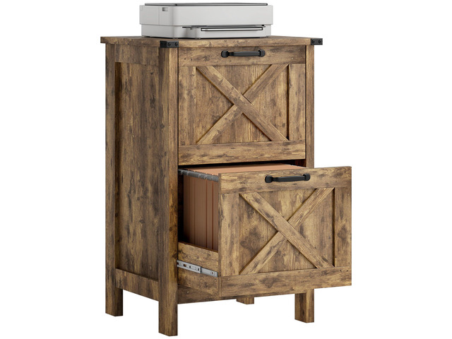 2 Drawer Vertical File Cabinet, Silent Slides, Rustic Brown Rustic Farmhouse, Filing Cabinet, Barn Doors, for A4/Letter Size, Printer Stand with...