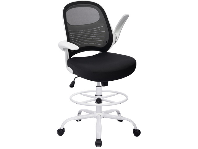 Tall Drafting Chair Standing Desk Chair with Flip-Up Armrests, Adjustable Height Ergonomic Office Chair with Footrest Ring - High Stool Chair for...
