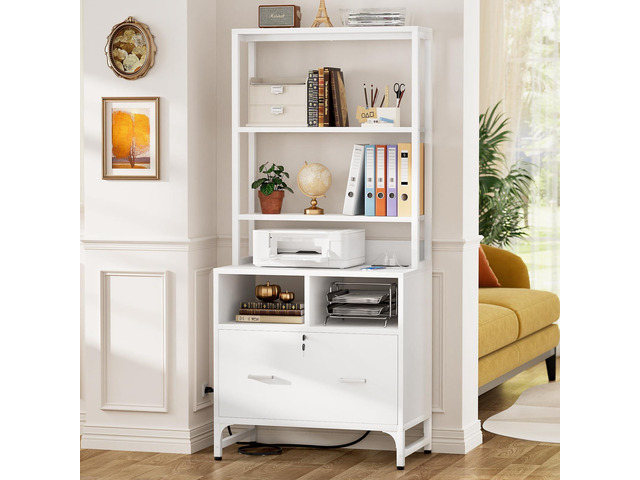 File Cabinet with Charging Station, Vertical Filing Cabinet, White with Lock & Large Drawer, Printer Stand with Storage Shelves, Office Storage...