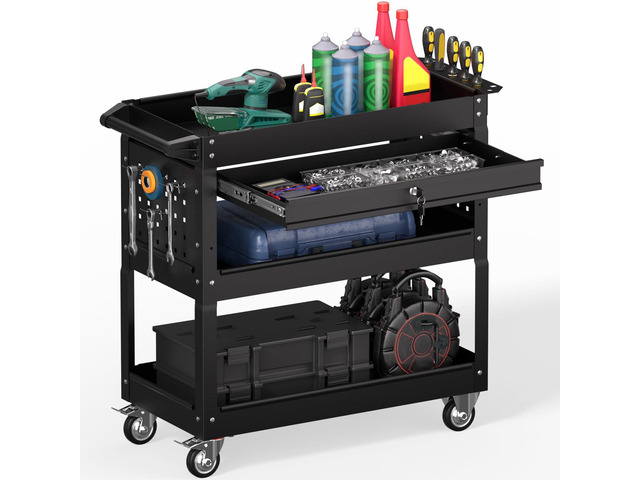 3 Tier Rolling Tool Cart on Wheels, Heavy Duty Service Cart Industrial Utility Cart with Drawer and Screwdriver Rack Pegboard, 550 LBS Mobile Tool...