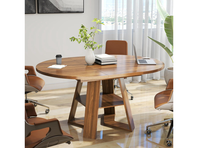 43.3in-59in Extendable Round Conference Table for 4-6 People,Space Saving Wooden Oval Meeting Room Table with Removable Leaves,Office Table with...
