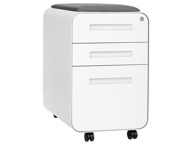 STOCKPILE Curve Seated 3-Drawer Mobile File Cabinet with Removable Magnetic Cushion Seat - Metal Filing Cabinet, Pre-Assembled, White with Dark...