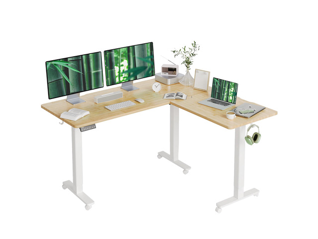 L Shaped Standing Desk Dual Motor 63x55 Inch Bamboo Height 28.5'-47.2' Adjustable, 220lbs Capacity, Sturdy Steel Frame, Splice Board included,...