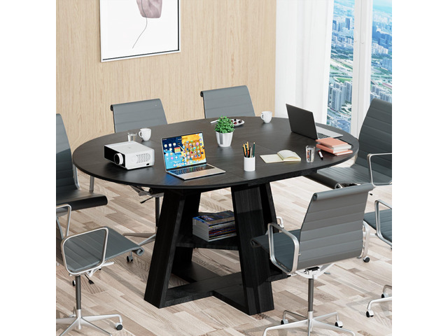 43.3in-59in Extendable Round Conference Table for 4-6 People,Space Saving Wooden Oval Meeting Room Table with Removable Leaves,Office Table with...