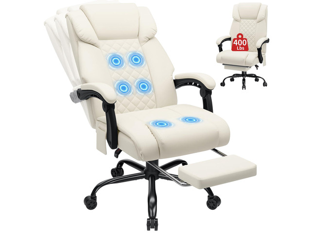400lbs Massage Office Chair with Foot Rest 6 Points Vibration,Beige Ergonomic Executive Office Chair Reclining High Back Computer Desk Chairs