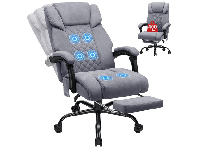 400lbs Massage Office Chair with Foot Rest 6 Points Vibration,Grey Ergonomic Executive Office Chair Reclining High Back Computer Desk Chairs,Fabric