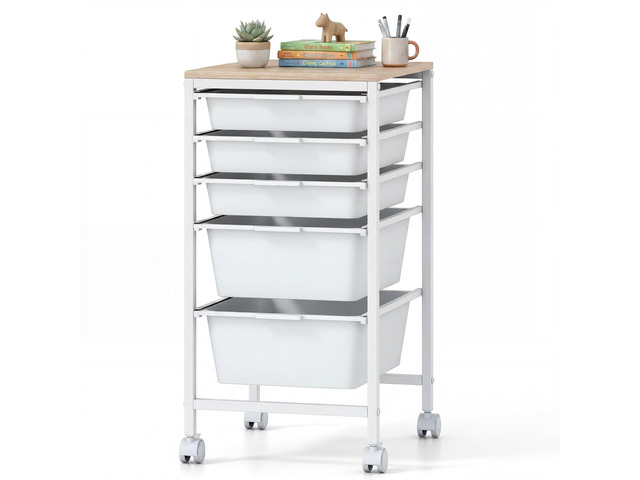 5-Drawer Rolling Storage Cart w/Lockable Wheels(White) Utility Cart w/ Wood Top, Art Craft Organizer for Home, School, Paper Storage, Craft Room,...