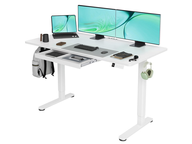 Electric Standing Desk with Drawers, 55x24 Inch White Metal steel frame supports 176 lbs, 28.35 to 46.46 inch height range, 3 memory settings, 45...