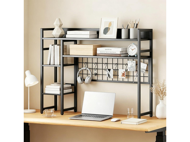 Desktop Bookshelf for Monitors up to 32', Black Dorm Desk Hutch with 4 Open Storage Shelves, Grid Panel with 6 Hooks, 37' x 10' Countertop...
