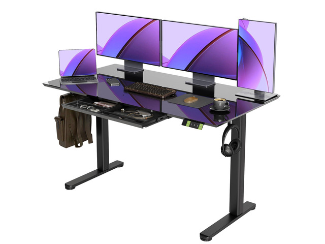 Glass Standing Desk with Drawers 55x24 Inch Black Tempered Glass Top, Ergonomic, 3 Memory Presets, Adjustable Height, Stand Up Desk