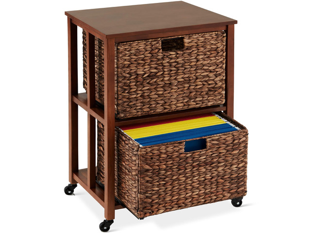 Vertical Rolling File Cabinet, Multipurpose Portable Water Hyacinth Basket Organizer for Home Office, Workspace w/Rubberwood Frame, Metal Sliders,...