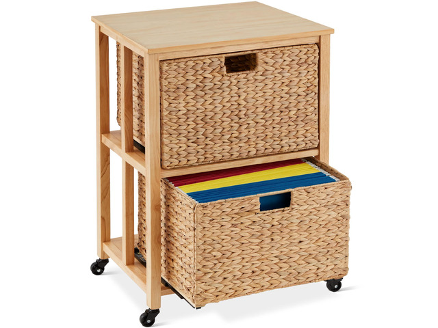 Vertical Rolling File Cabinet, Multipurpose Portable Water Hyacinth Basket Organizer for Home Office, Workspace w/Rubberwood Frame, Metal Sliders,...