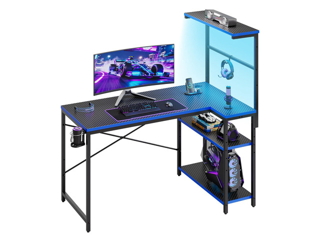 40' L-Shaped Gaming Desk with Power Outlets LED Lights, Black & Blue Reversible Design, LED Lights, 4-Tier Storage Shelves, Headphone Hook,...