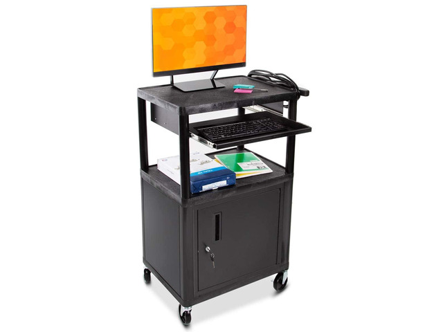 Line Leader Plastic AV Cart with Keyboard Tray and Locking Metal Cabinet, Heavy Duty Mobile Workstation with 4 Rolling Casters, 2 Locking Brakes,...