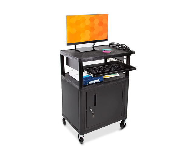 Line Leader Plastic AV Cart with Keyboard Tray and Locking Metal Cabinet, Heavy Duty Mobile Workstation with 4 Rolling Casters, 2 Locking Brakes,...