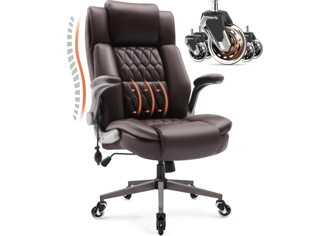 Large High Back Office Chair - Adjustable Lumbar Support Flip Up Arms Heavy Duty Quiet Wheels Metal Base Breathable Bonded Leather Ergonomic...