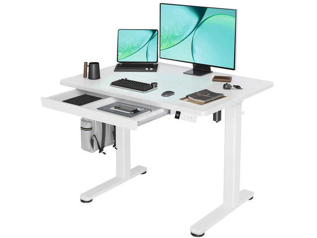 Electric Standing Desk with Drawer 40 Inch White Sturdy steel frame supports 176 lbs, 28.35-46.46 inch height range, 3 preset buttons, 45 dB...