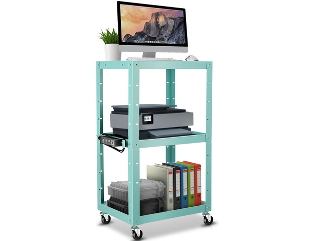Adjustable AV Cart w/Power Strip, 4 ft Rolling Stand, Blue 25*18*42', 3 Outlets, 2 USB Ports, 4' Cord, Fits Projector/TV/Laptop/Printer, 4...