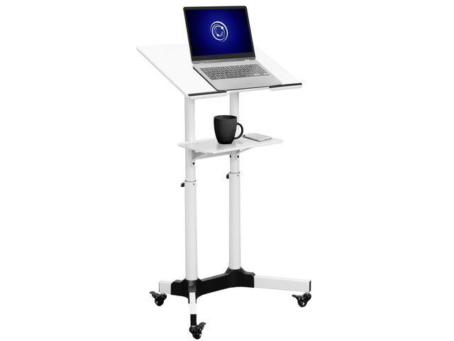 White Mobile 24 x 16 inch Lectern Podium, CART-V03W Height Adjustable, Tilting Desktop, Rolling Laptop Cart on Wheels, Steel Design, Holds 44 lbs