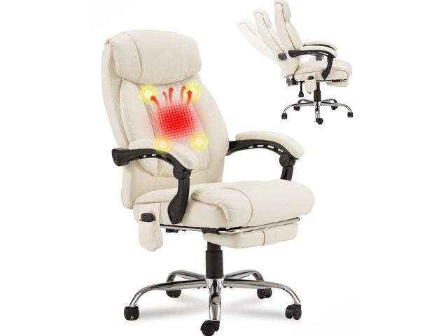 4-Point Massage Office Chair with Heating and Footrest, Reclining Executive Leather Desk Chair, Ergonomic Heated Managerial Chair for Home Office,...