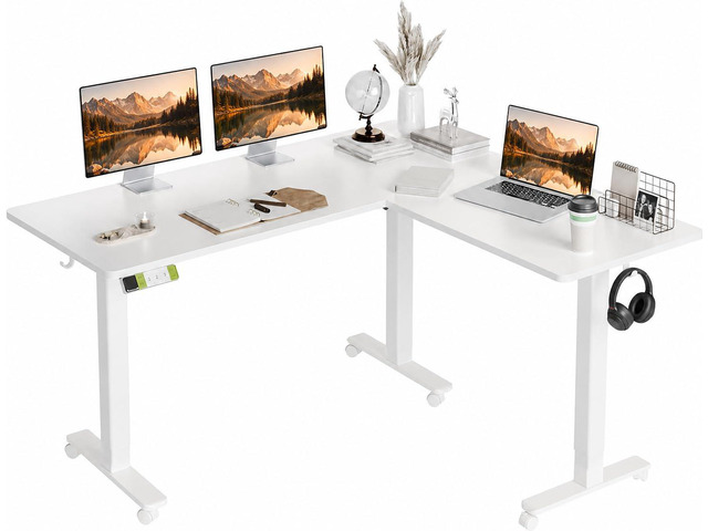 63 x 55 Inch L-Shaped Standing Desk, Electric Height Adjustable Corner Desk with Dual Motors, Sit Stand Desk with Splice Board for Home Office, White