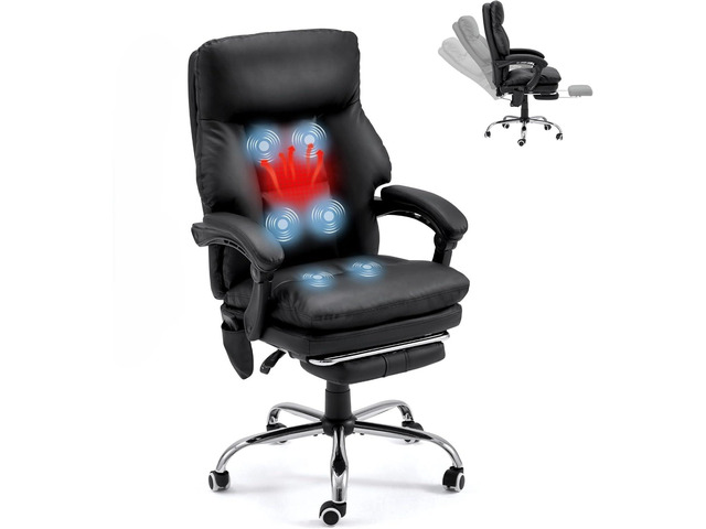 Ergonomic Office Chair with 6-Point Massage & Heating, Adjustable Executive Desk Chairs with Retractable Footrest, PU Leather Home Office Desk...