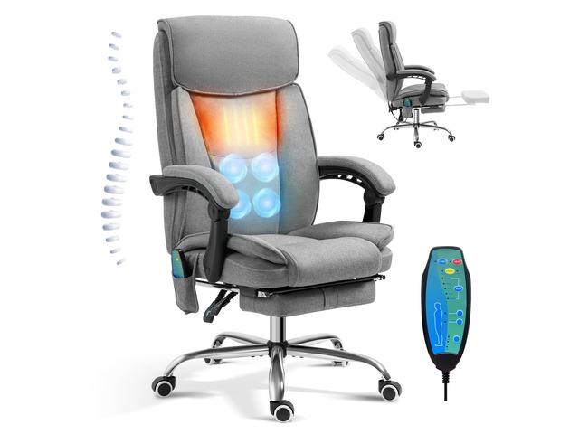 Massage Office Chair with Foot Rest Vibration and Heating, 90-130° Reclining Desk Chair, Ergonomic Reclining Computer Gaming Fabric Chair(Grey)