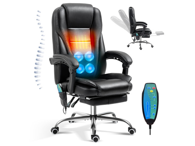 Massage Office Chair with Foot Rest Vibration and Heating, 90-130° Reclining Desk Chair, Ergonomic Reclining Computer Gaming Leather Chair(Black)