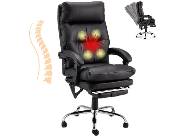 Ergonomic Heated Reclining Office Chair, Black USB Charging, 4-Point Vibration Massage, Adjustable Armrests & Footrest, Premium Leather