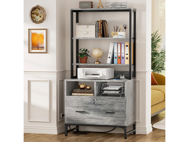 File Cabinet with Charging Station, Vertical Filing Cabinet with Lock & Large Drawer, Printer Stand with Storage Shelves, Office Storage Cabinet...