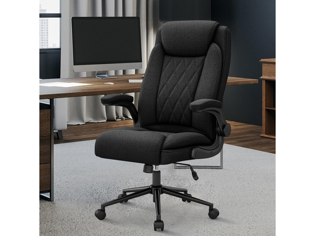 Big and Tall Fabric Office Chair 500lbs with Flip Up Arms High Back Office Desk Chair with 120° Tilt Rock,Computer Chair with Adjustable HeightBlack