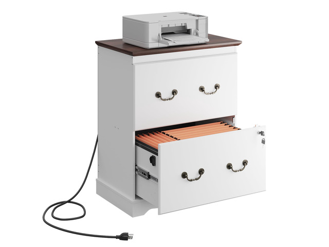 2 Drawer File Cabinet with Charging Station & Lock, Wood Filing Cabinets for Home Office, Lateral Printer Stand for Office Storage, White