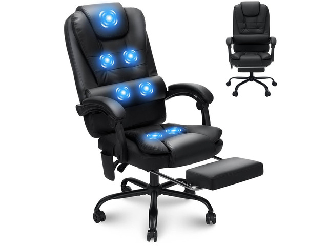 Massage Office Chair with Foot Rest 7 Points Vibration,Black Ergonomic Executive Desk Chair Leather Computer Office Chair