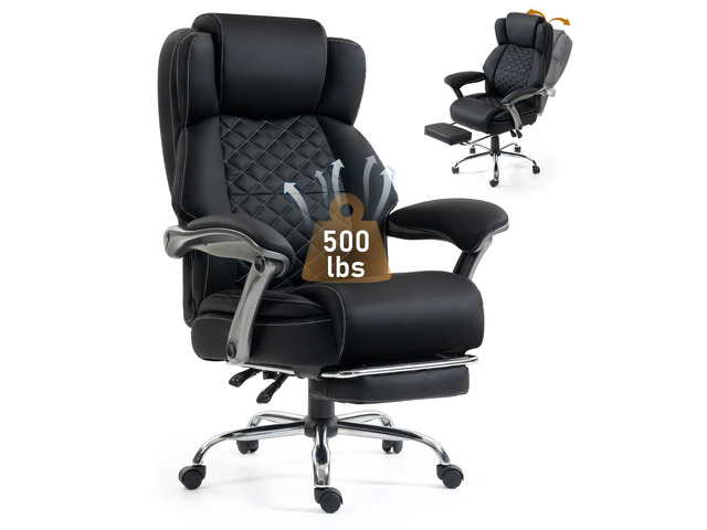 500 lbs Office Chair with Foot Rest, Reclining Executive Chair Black Big & Tall Computer Desk Chair, PU Ergonomic Lumbar Support, Thicker Pocket...