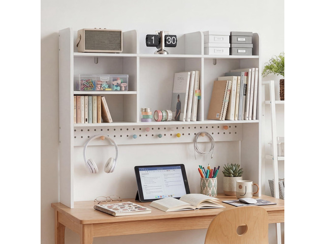 Dorm Desk Hutch with Pegboard, White Desktop Bookshelf Multipurpose Desktop Bookshelf for Dorm Office Home, 3-Tier Wooden Display Rack for...