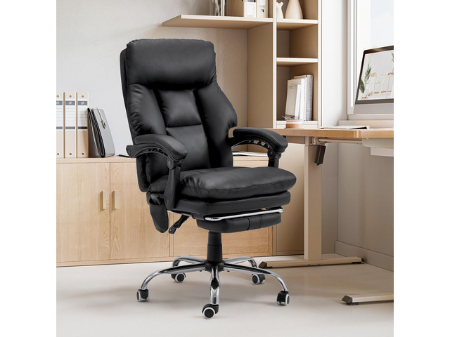 Ergonomic Office Chair, PU Leather Black 6-Point Massage & Heating, Adjustable Executive Desk Chair, Retractable Footrest, Dual-Layer Soft Cushion