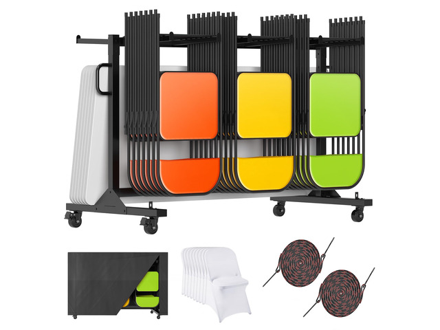 Folding Chair Rack for 12 Tables or 42 Chairs Heavy-Duty Chair Cart with 550 LBS Capacity, 30 Chair Covers, Wheels, Elastic Cords and Cover,...