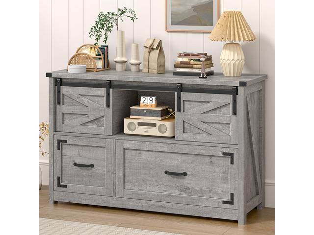 Lateral File Cabinets 2 Drawer with Sliding Barn Doors, Grey Farmhouse File Cabinet with 2 drawer for Home OfficeFiling Organization Storage...