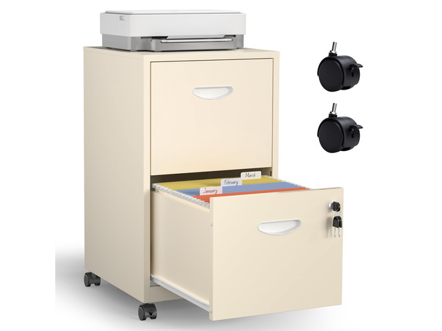 Metal 2 Drawer File Cabinet with Lock & Wheels for Office,Cream Small Mobile File Cabinets for Home Office, Under Desk Vertical Rolling File...