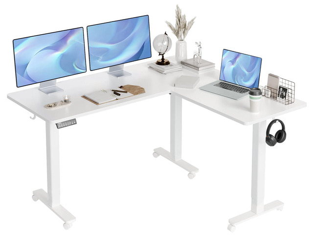 L Shaped Standing Desk Dual Motor Adjustable Height 63x55in White Height 28.5'-47.2' Adjustable, 220lbs Capacity, Sturdy Steel Frame, Splice...
