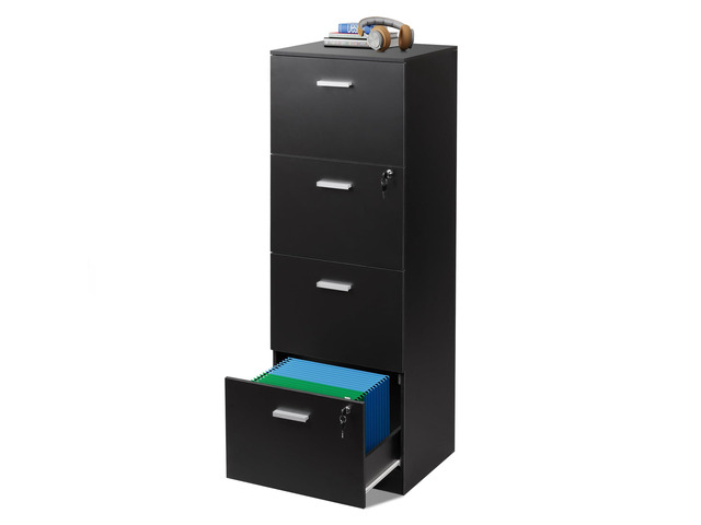 4 Drawer File Cabinet with Lock, Vertical Filing Cabinet Fits A4/Letter Size Files, Wood Storage Organizer for Home Office, Black