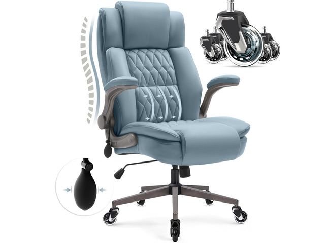 Large High Back Office Chair - Adjustable Lumbar Support Flip Up Arms Heavy Duty Quiet Wheels Metal Base Breathable Bonded Leather Ergonomic...