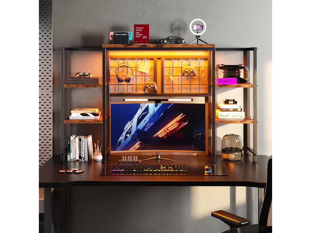 5-Tier Desk Shelf with LED for Home Office Dorm, Rustic Brown Students & Remote Workers, Wood & Steel, Holds 88 Lbs, Adjustable Shelves & Grid...