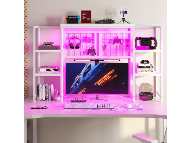 5-Tier Desk Shelf with LED for Home Office Dorm, White Students & Remote Workers, Wood & Steel, Holds 88 Lbs, Adjustable Shelves & Grid Panel...
