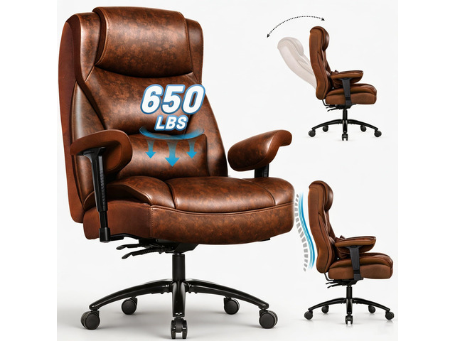 Big and Tall Leather Executive Office Chair, 650 lb Heavy Duty Thick Padded Wide Seat and Backrest, 5-Position Armrests, 90-145 Degree Recline...